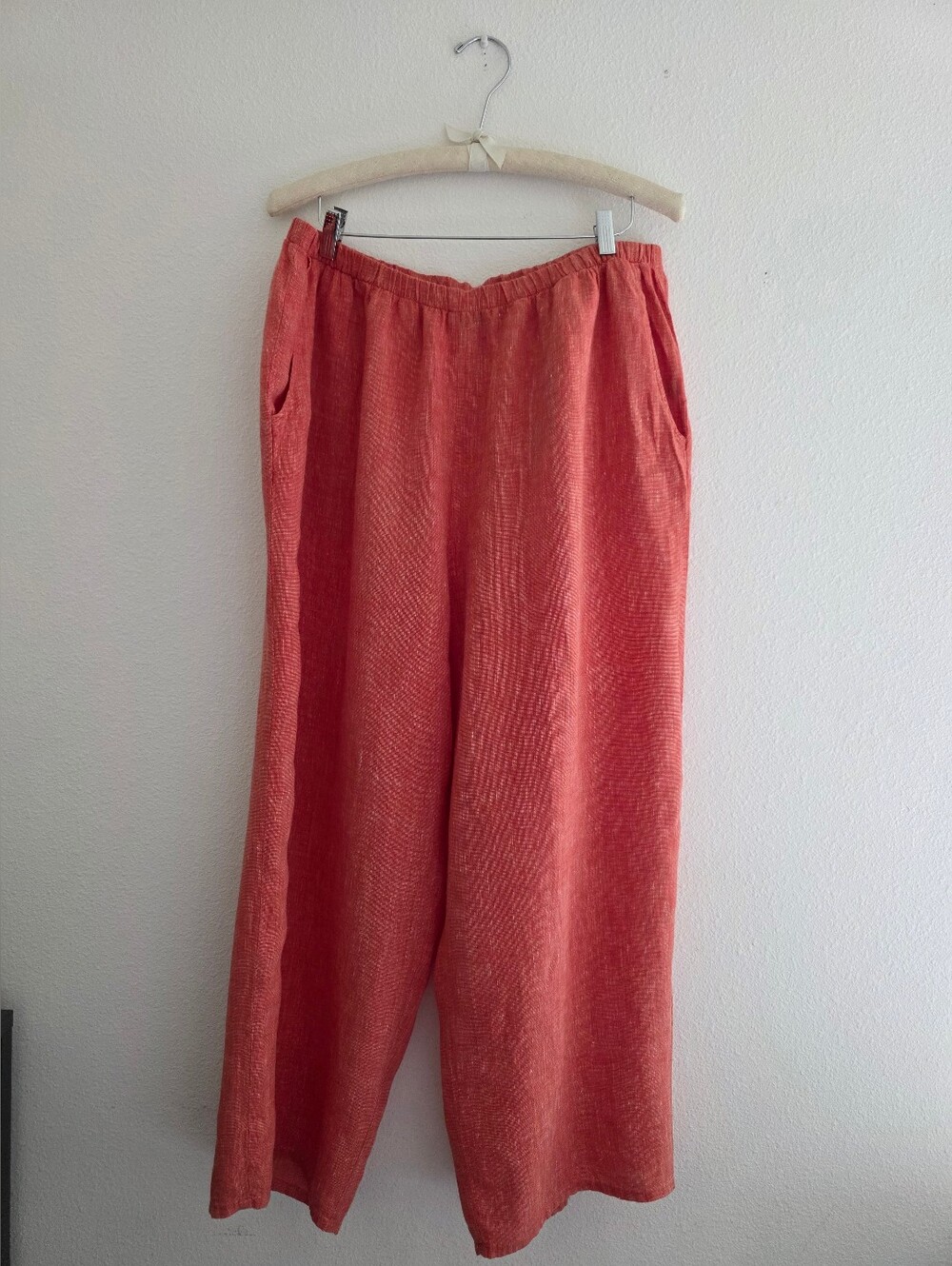 FLAX  Linen Pants Pull On Elastic Waist Side Pockets Crop Wide Leg in Coral Sz L